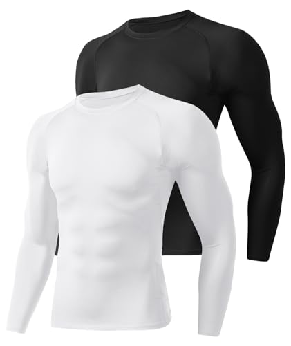 Men's Compression Long Sleeve Shirt 2 Pack - Black & White, Medium