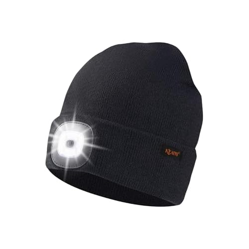 Keains Unisex Beanie with The Light £¬Rechargeable LED Headlamp Cap£¬ Warm Knit Hats for Winter Safety Gifts for Men Women Dad