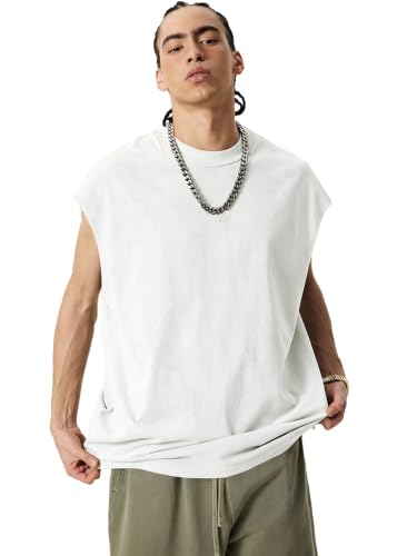 Men's Sleeveless Workout Tank Top - Large White, Muscle Cotton Gym Shirt
