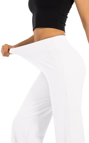 Wide Leg Pockets Lounge Pants for Women High Waisted Casual Palazzo - 29 Inch Inseam, White