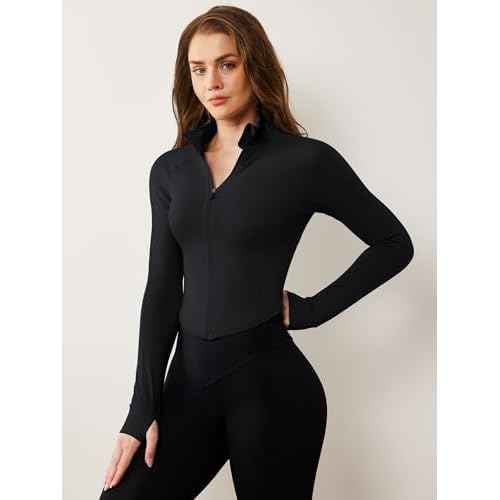 AVGO Women's Workout Jacket Lightweight Zip Up Cropped Yoga Jackets Slim Fit Athletic Tops with Thumb Holes