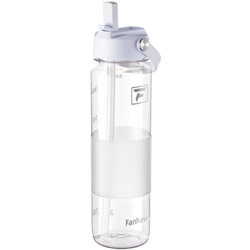 Fanhaw 32 oz Clear Plastic Water Bottle with Straw Lid and White Accent - Leak-Proof, BPA-Free