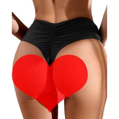 Women's Sexy High Waisted Ruched Back Cheeky Thong Bikini Swimsuit Bathing Suit Bottoms