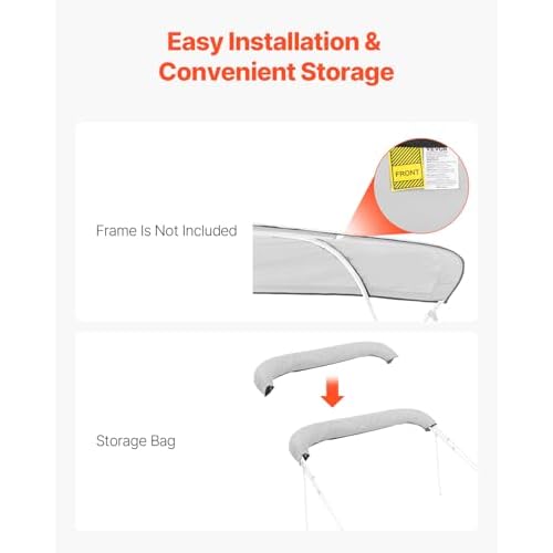 VEVOR Bimini Top Cover Replacement, Fit 4 Bow Boat 600D Polyester Canopy, Waterproof & Sun Protection Boat Awning Canopy with Storage Bag, 96" Lx(91"-96") W, Light Grey (Support Frame Not Included)
