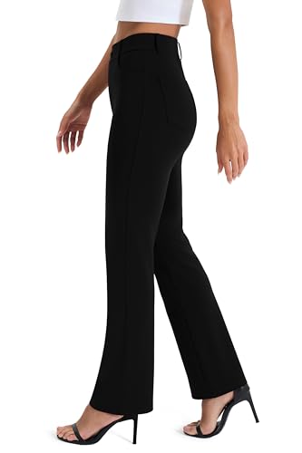 Women's Yoga Dress Pants - Stretchy Work Slacks, Straight Leg, 27" Black, Medium Height