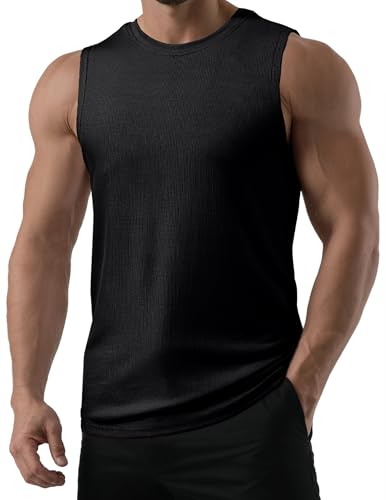 Men's Sleeveless Ribbed Tank Top Large Black Workout Muscle Fit Gym T-Shirt