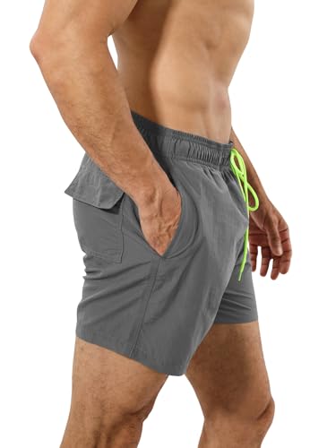 Men's Quick Dry Breathable Nylon Swim Trunks with Liner & Pockets - Medium Grey