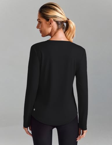 PINSPARK Long Sleeve Workout Top for Women V-Neck UPF 50+ Running Shirt Large Black