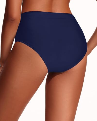Women's High Waist Bikini Bottoms Full Coverage Tummy Control Navy Blue Medium