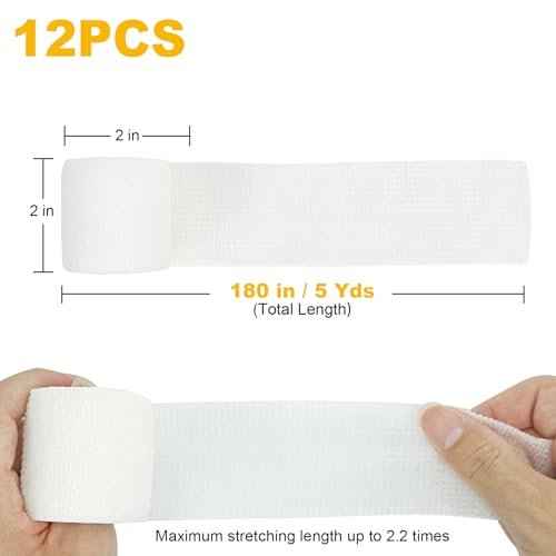 12 Rolls White Athletic Pre Wrap Tape,2 Inch x 5 Yards Self Adhesive Bandage Wrap Cohesive Wrap Bandages for Athletic Baseball Wrist Tape,Sports,Pets,Wrist,Ankle,Hands Knees (White)