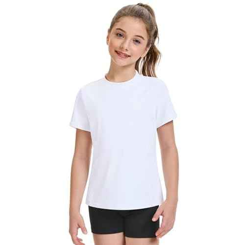 HASMES Girls Athletic Shirts Short Sleeve Active T-Shirts,Basic Tee Tops,Sports Activewear for Kids Teens