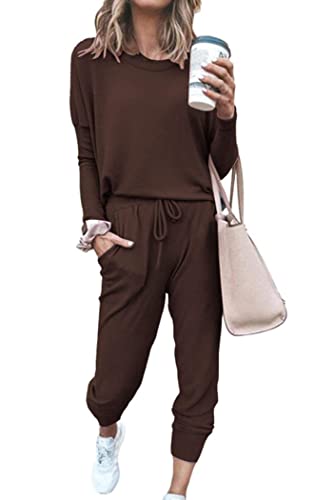 PRETTYGARDEN Airport Travel Outfit Women Fall 2 Piece Matching Lounge Sets Brown Large