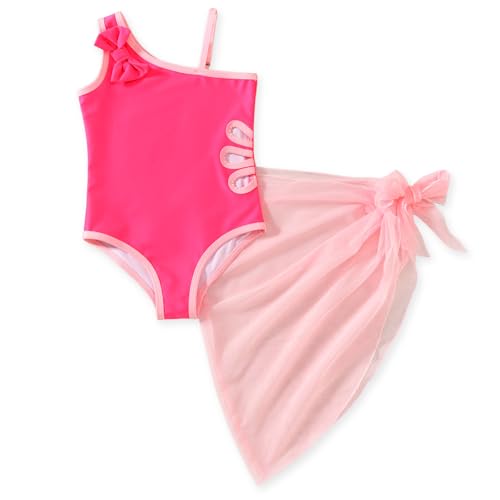 Toddler Girl One Piece Swimsuit with Cover Up Skirt - Rose Red 3-4T