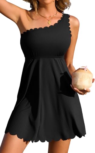 Charmo Womens One Shoulder Swim Dress - Black, Medium, Scalloped Bathing Suit