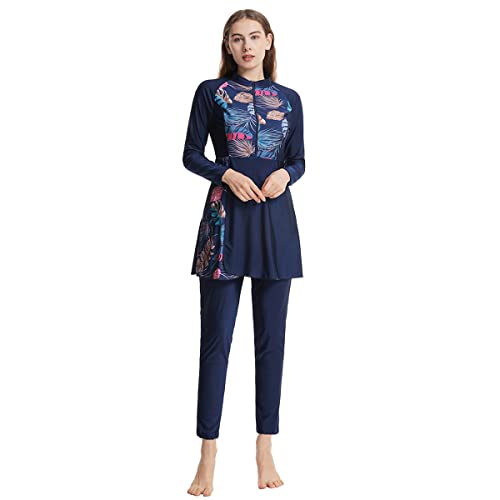 Long Sleeve Muslim Swimsuit with Built-in Bra & Hijab - Navy Blue, Large