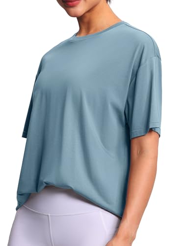 Women's Oversized Workout T-Shirt - Crewneck Basic Gym Top, Large Grey Blue