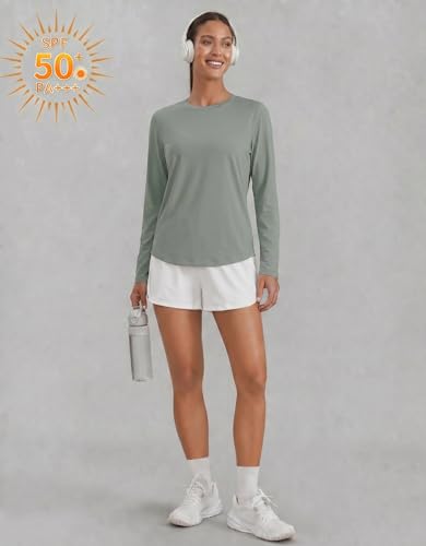 PINSPARK Women's Workout Tops UPF 50+ Loose Long Sleeve Athletic Shirt - Medium Sage Grey