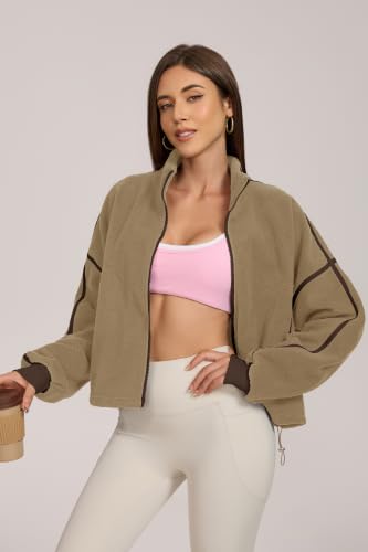 Women Fleece Cropped Full-Zip Jacket with Stand Collar & Pockets - Warm Outerwear