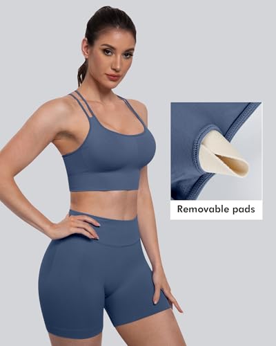 Sports Bras for Women 4 Pack - Medium Support Padded Seamless Racerback, Black, Pink & Grey