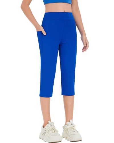 Girls High Waist Athletic Capri Pants with Pockets - Royal Blue, 11-12 Years - Workout Yoga Leggings