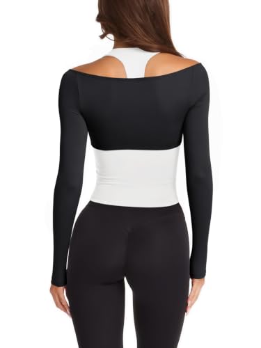 LASLULU Women's Colorblock Padded Long Sleeve Workout Top - Medium Black