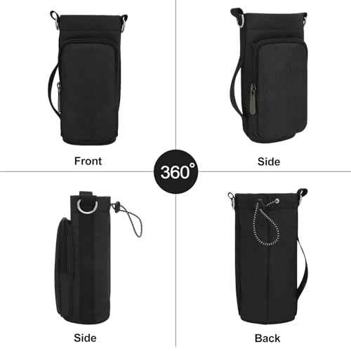 Water Bottle Carrier Bag, Small Canvas Crossbody Purse Portable Water Bottle Sling Holder Case with Adjustable Shoulder Strap and Phone Pocket Pouch for Men Women Hiking, Black