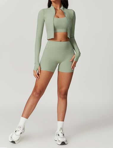 Green Workout Sets for Women 3 Piece High Waist Seamless Sportswear Crop Top Shorts Jacket