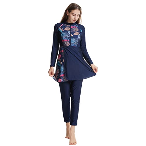 Long Sleeve Muslim Swimsuit with Built-in Bra & Hijab - Navy Blue, Large