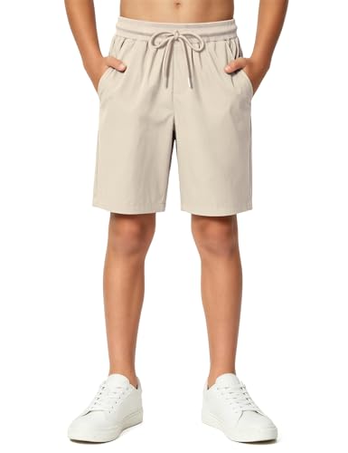 Youth Quick Dry Cargo Shorts with Pockets - Beige, 9-10 Years - Somaibo Boys Athletic Shorts