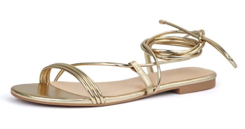 Party Women's Lace Up Flat Sandals Tie Up Open Toe Ankle Strap Shoes - Gold 8