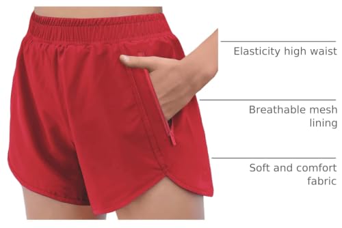 Girls Athletic Shorts with Zipper Pockets for Kids - Red, 9-10 Years