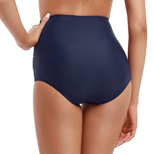Firpearl High Waisted Bikini Bottoms Ruched Tummy Control Swimwear - Navy, Size 6