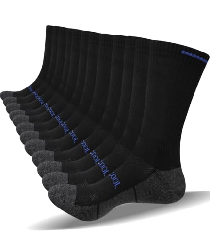 Men's Athletic Mid Crew Socks 6 Pairs - Moisture Wicking, Large / Black