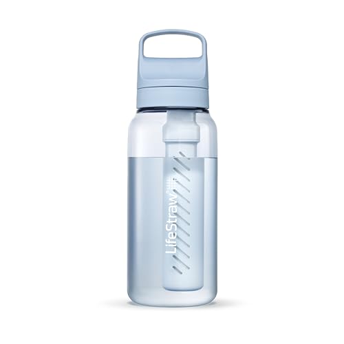 LifeStraw Go Series ? BPA-Free Water Filter Bottle for Travel and Everyday use removes Bacteria, parasites and microplastics, Improves Taste, 1L 2-Pack; Icelandic Blue and Aegean Sea