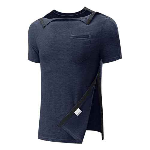Poriff Men's Post Shoulder Surgery Recovery Shirts Full Tear Away Short Sleeve Snap Chemo Port Access Shirt