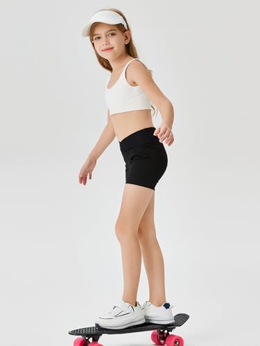 Girls Athletic Shorts Slim Tummy Control V Cross Waist Shorts - Black, 10-12 Years