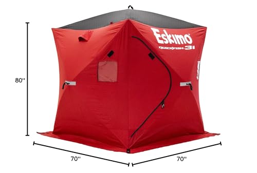 Eskimo 69445 Quickfish 3i Insulated Pop-Up Portable Hub-Style Ice Fishing Shelter, 34 Square Feet of Fishable Area, 3 Person Shelter, Red