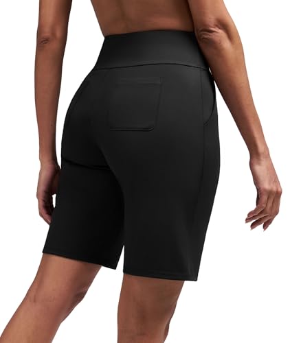 Women's Bermuda Shorts with Pockets High-Waisted Knee Length Athletic Running Yoga Black Large