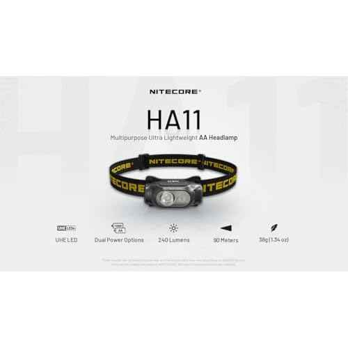 Nitecore HA11 Camping Headlamp, 240 Lumen Ultra Lightweight, use 1xAA Battery with Multi-Purpose Clip (Strap Headband)