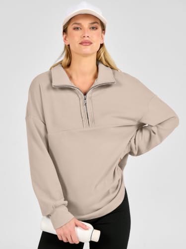 ANRABESS Women's Loose Quarter Zip Fleece Sweatshirt Large Beige Fall Pullover