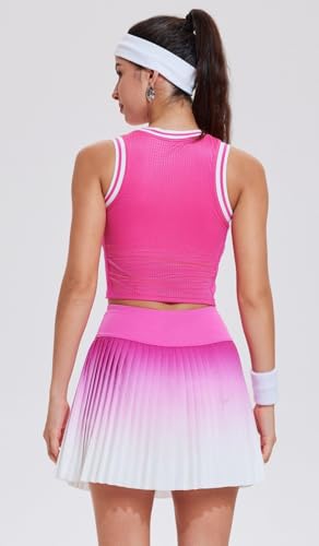 Women Pleated Tennis Skirt Set - Golf & Pickleball Athletic Outfit with Built-in Shorts, Hot Pink, Medium