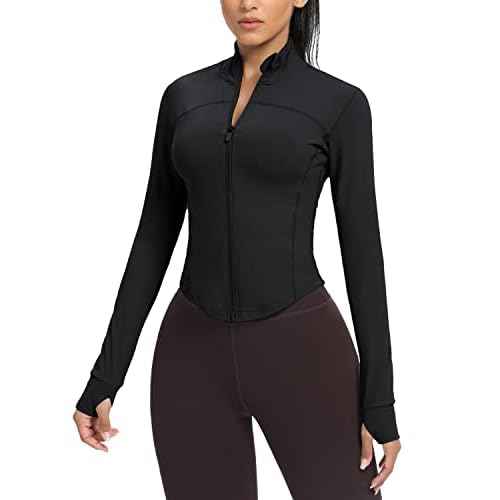 AVGO Women's Cropped Running Workout Jackets Zip Slim Fit Athletic Tops with Thumb Holes