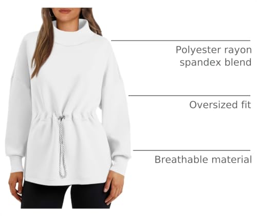 Women's Turtleneck Sweatshirt with Side Slit & Drawstring Waist - White, Large