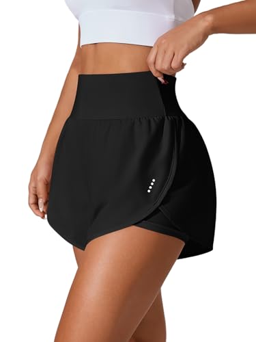 Women's High Waisted Athletic Running Shorts with Pockets - Black, Medium - Gym Yoga Beach Shorts