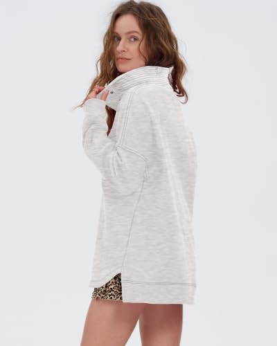 Women's Oversized Sweatshirt with Snap Button Henley Neck - Light Grey, Medium