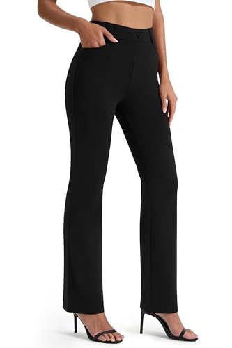 Women's Yoga Dress Pants - Stretchy Work Slacks, Straight Leg, 27" Black, Medium Height