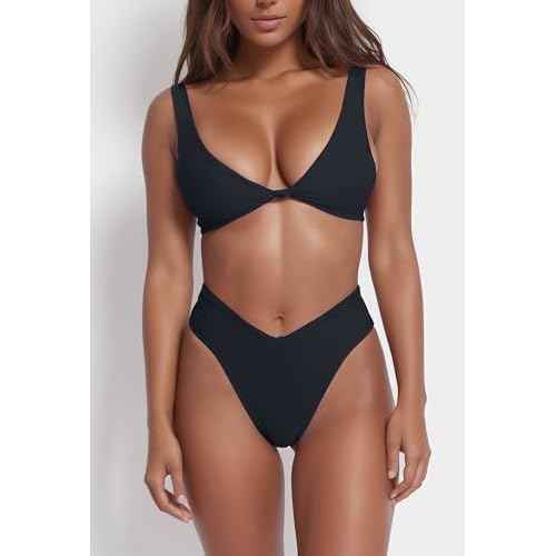 geluboao Bikini Set for Women Solid V Neck Knot Front Push Up High Leg Thong Two Piece Swimsuit