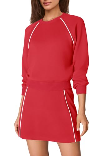 Women's 2 Piece Workout Skort Set - Athletic Tennis Outfits, Crewneck Sweatshirt & Skirt, Medium Red