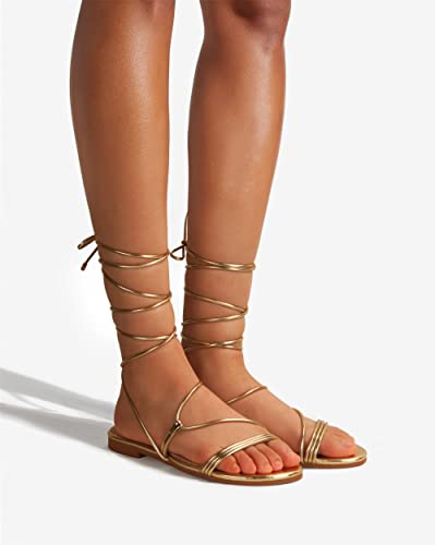Party Women's Lace Up Flat Sandals Tie Up Open Toe Ankle Strap Shoes - Gold 8
