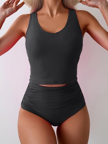 Eomenie Two Piece Tankini Swimsuits for Women Large Black Tummy Control Bathing Suit